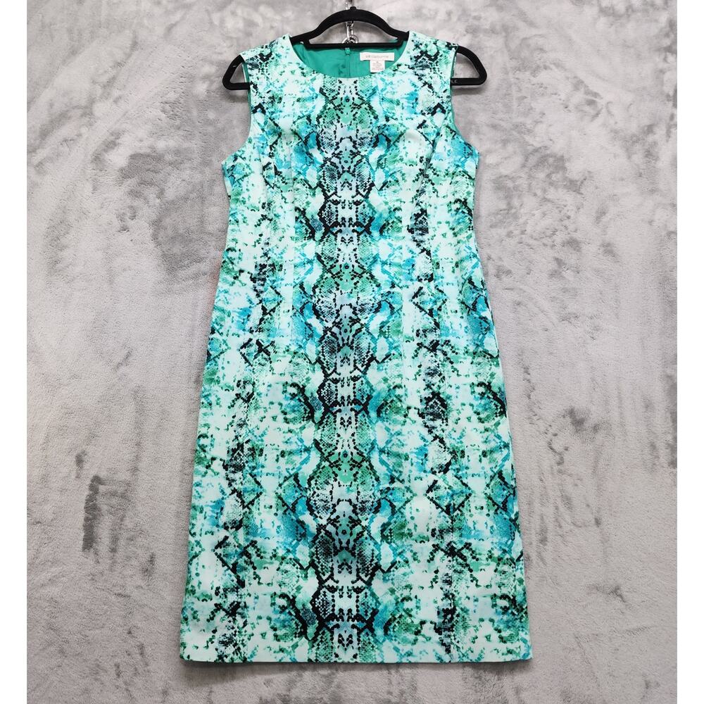 Vintage Liz Claiborne Dress Womens 10 Green Python Snake Print Sleeveless Sheath